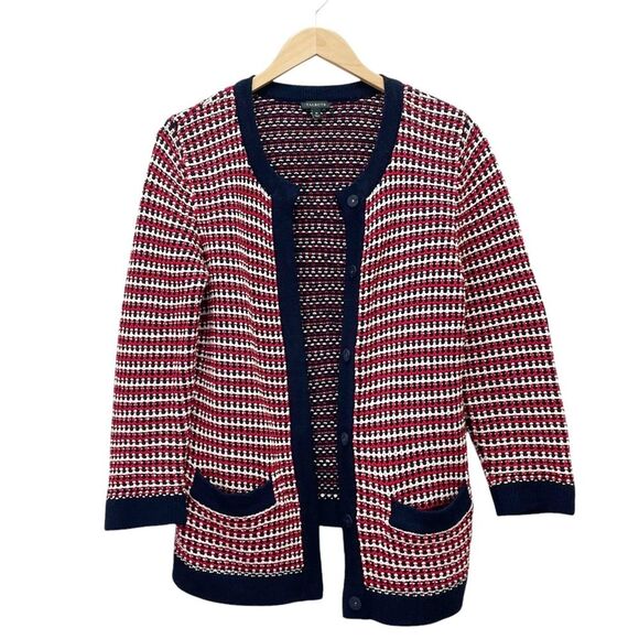 Talbots Chunky Knit Tweed Cardigan Red White Blue Size Medium Americana Nautical - Picture 3 of 11